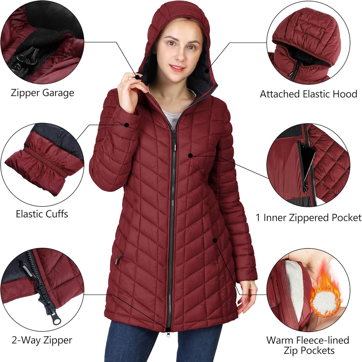 Outdoor Ventures Women’s Maryan Hooded Ultra Lightweight Warm Thermolite Long Puffer Coat(Burgundy(matte)-avg.32″ Mid Length)