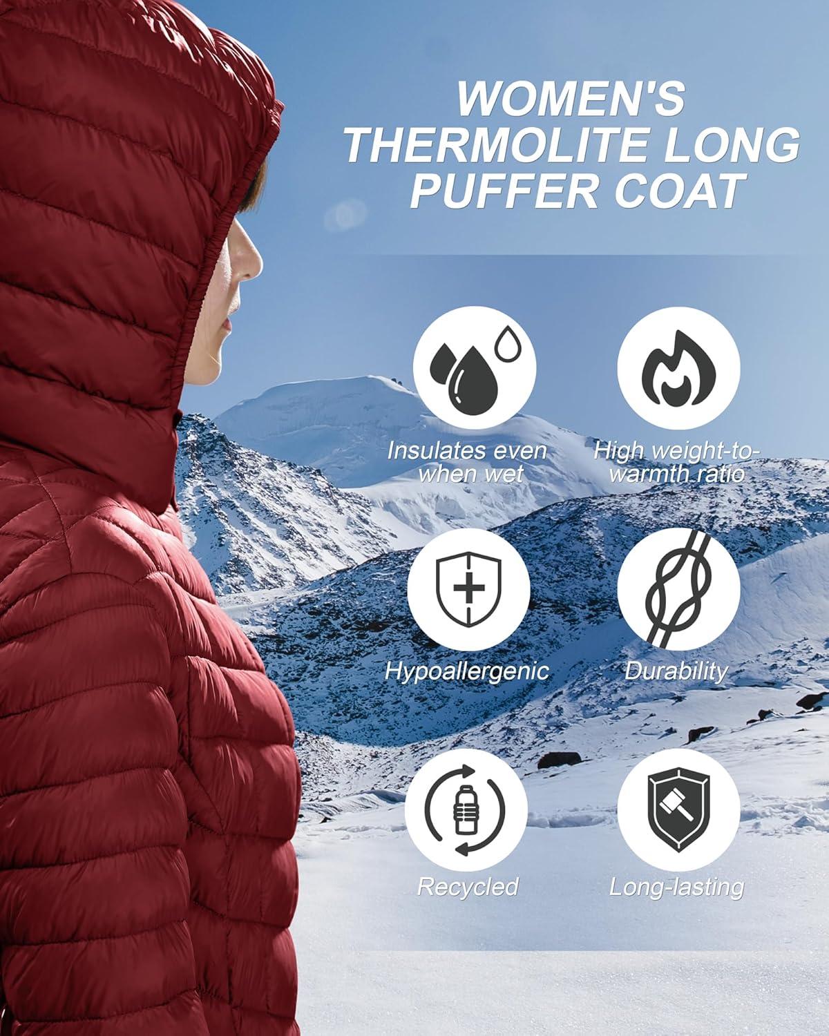 Outdoor Ventures Women’s Maryan Hooded Ultra Lightweight Warm Thermolite Long Puffer Coat(Burgundy(matte)-avg.32″ Mid Length)