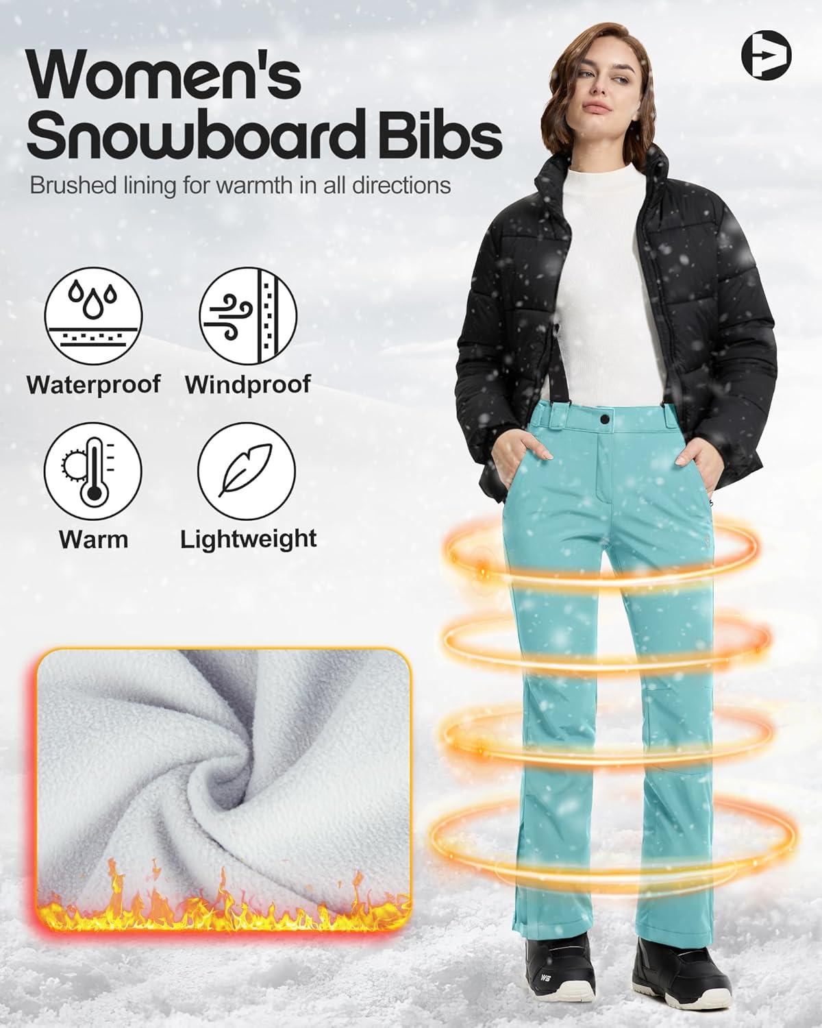 Outdoor Ventures Women’s Ski Snow Bib Pants Warm Insulated Waterproof Snowboard Softshell Pants with Detachable Bib(Blue)