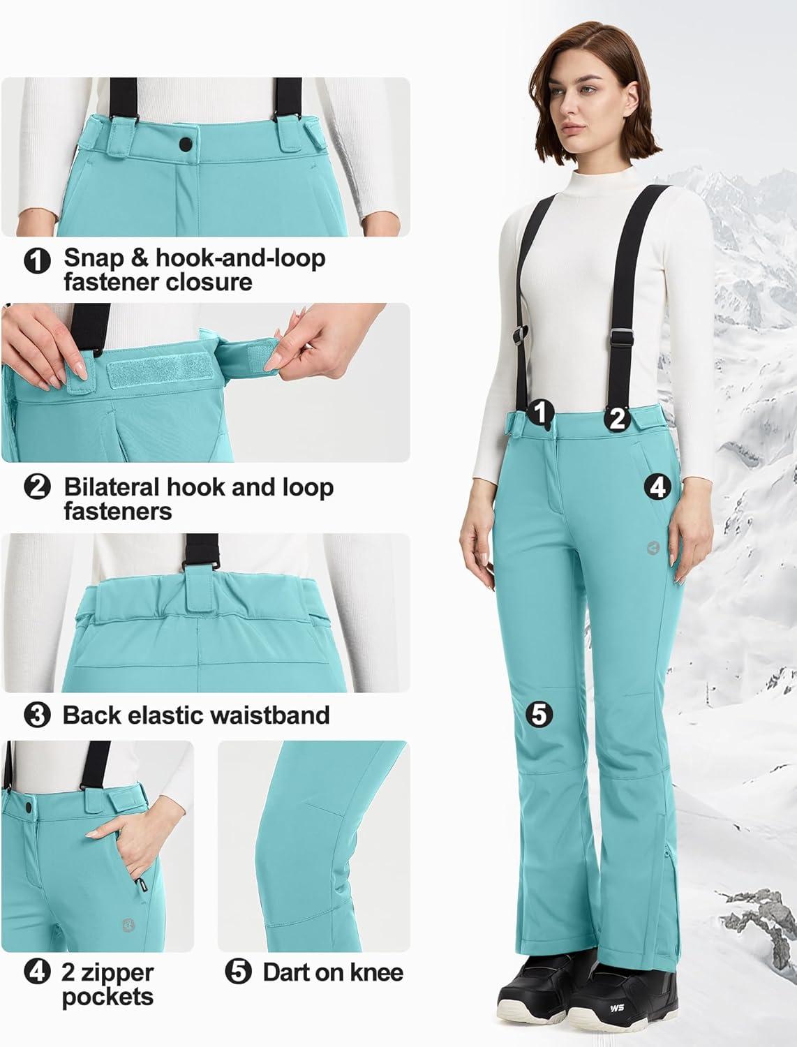 Outdoor Ventures Women’s Ski Snow Bib Pants Warm Insulated Waterproof Snowboard Softshell Pants with Detachable Bib(Blue)