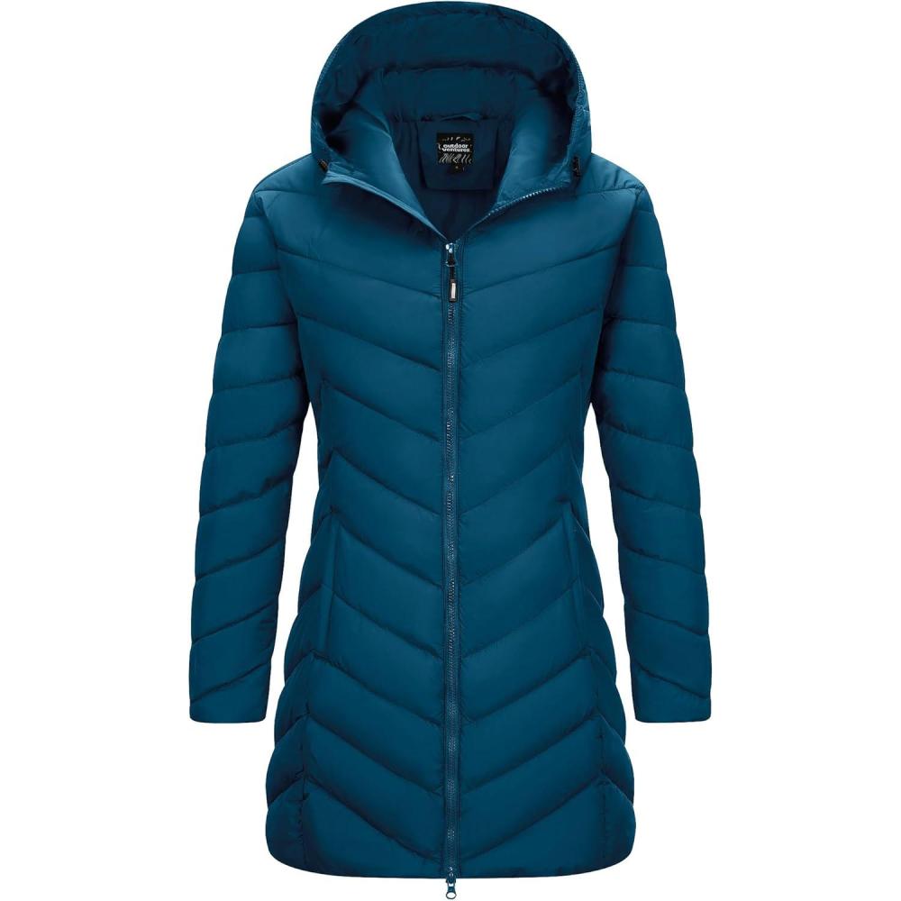 Outdoor Ventures Women’s Long Hooded Lightweight Puffer Coat Quilted Insulated Winter Jacket(Modern Blue)