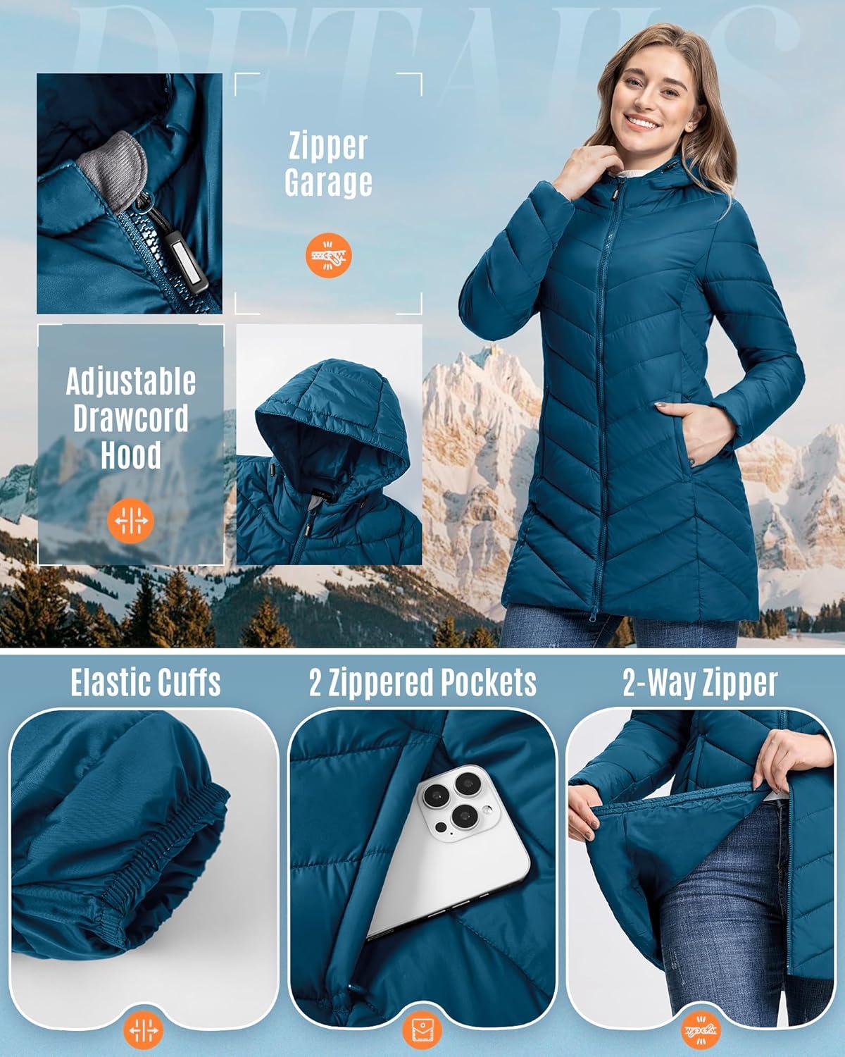 Outdoor Ventures Women’s Long Hooded Lightweight Puffer Coat Quilted Insulated Winter Jacket(Modern Blue)