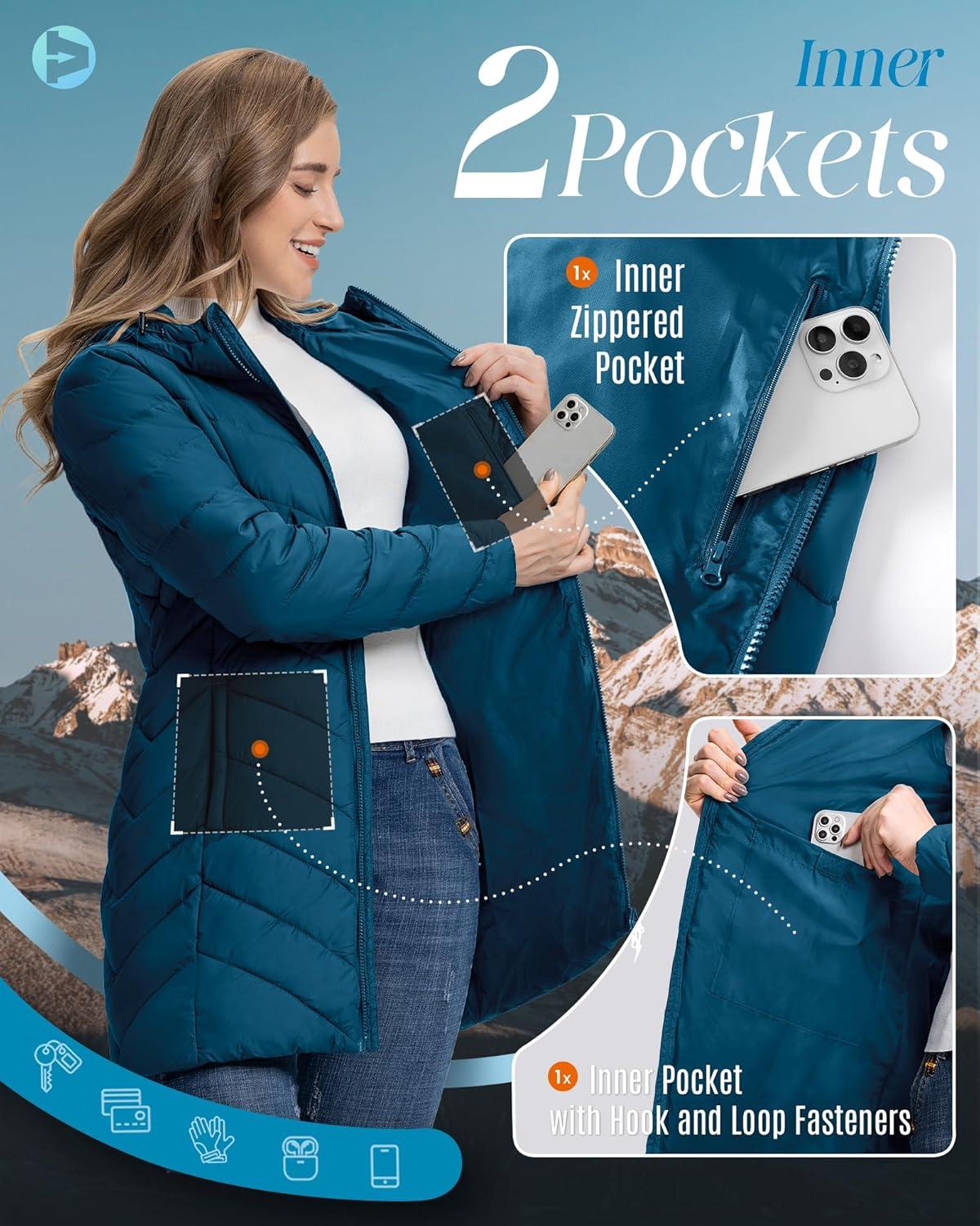 Outdoor Ventures Women’s Long Hooded Lightweight Puffer Coat Quilted Insulated Winter Jacket(Modern Blue)