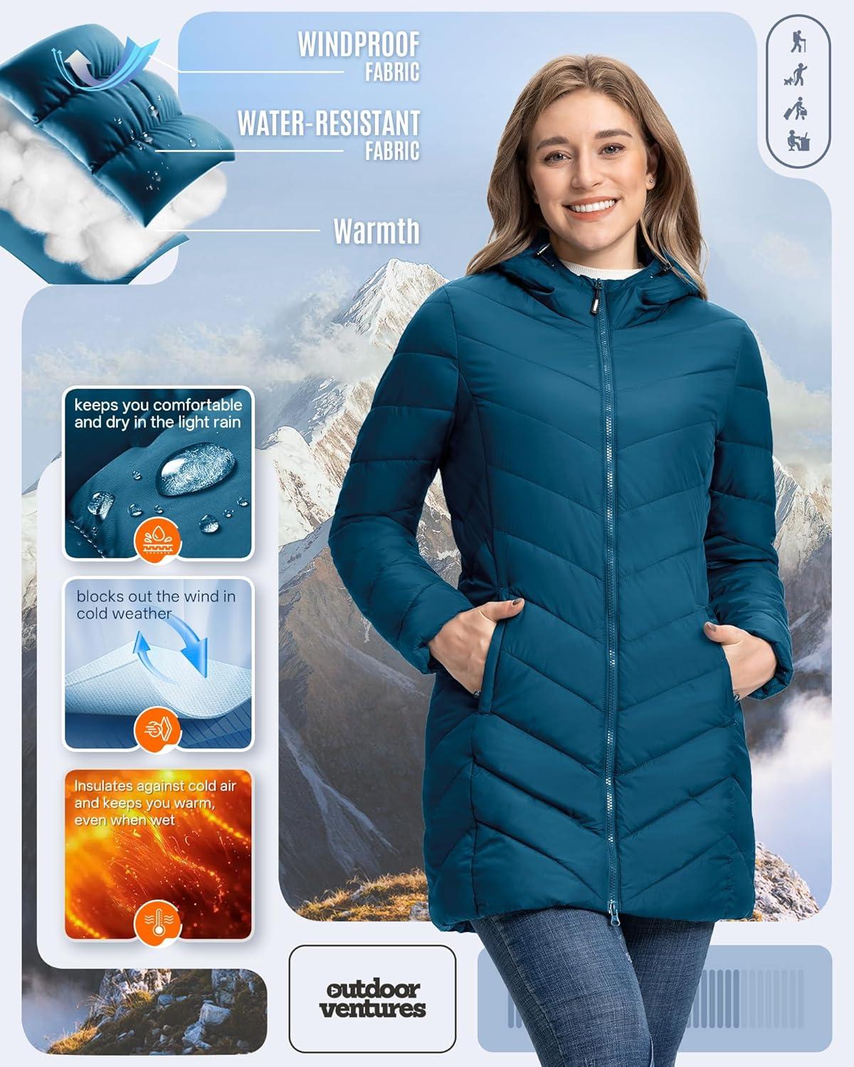 Outdoor Ventures Women’s Long Hooded Lightweight Puffer Coat Quilted Insulated Winter Jacket(Modern Blue)