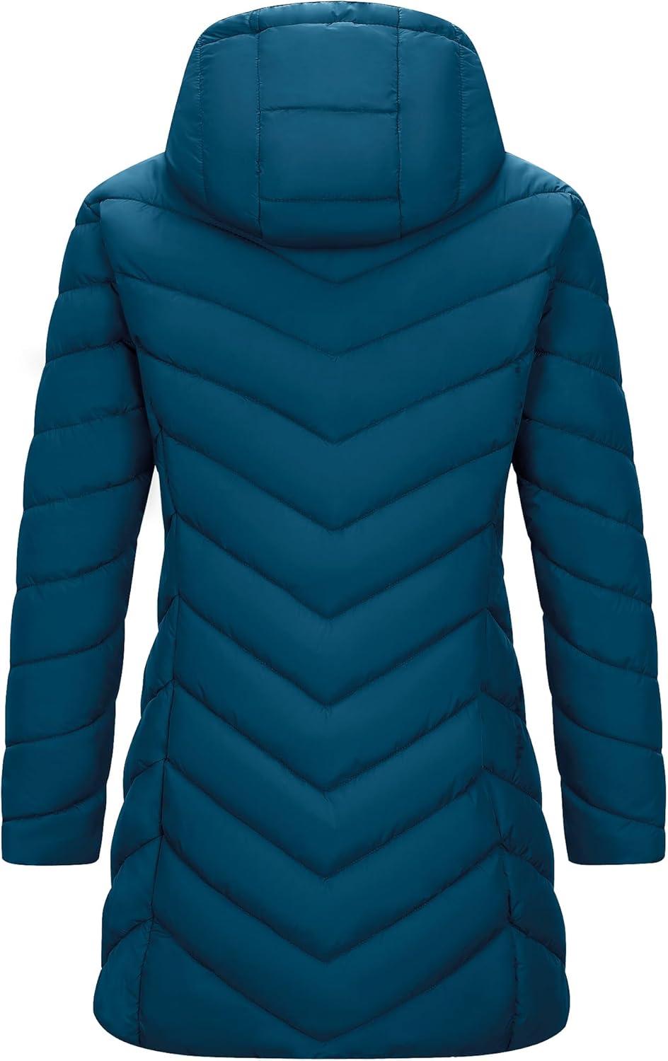 Outdoor Ventures Women’s Long Hooded Lightweight Puffer Coat Quilted Insulated Winter Jacket(Modern Blue)