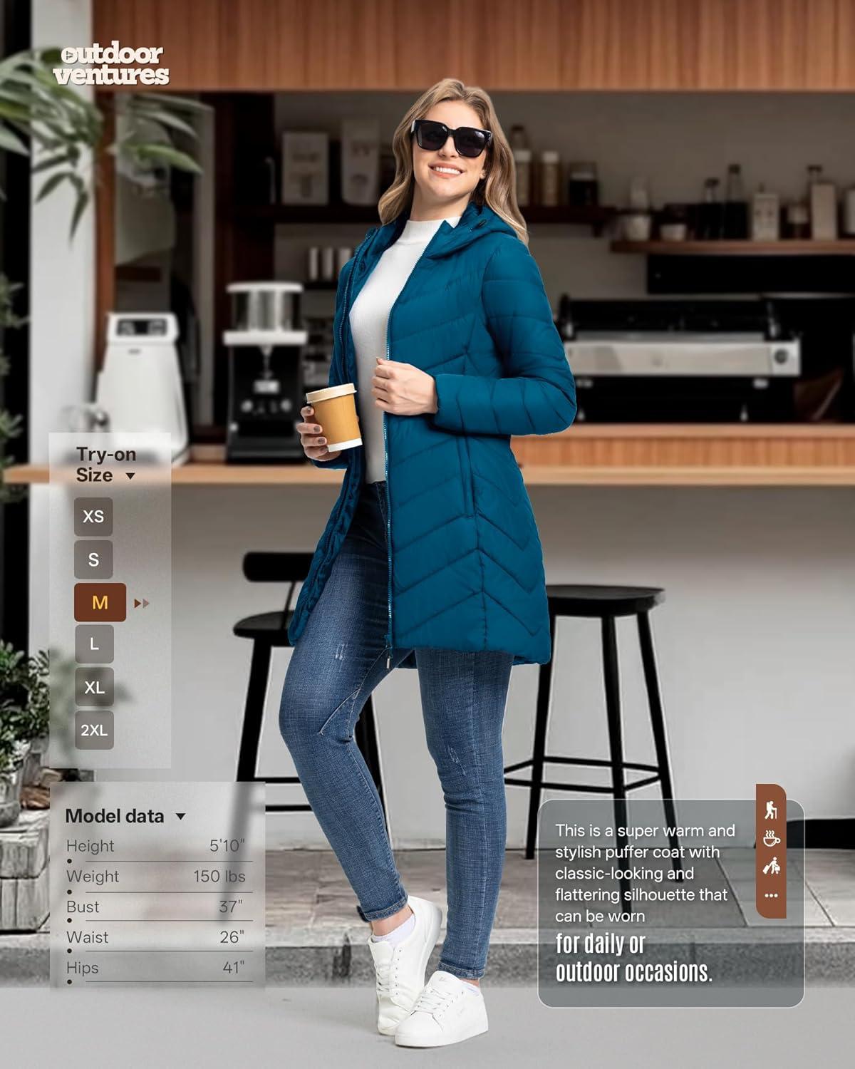 Outdoor Ventures Women’s Long Hooded Lightweight Puffer Coat Quilted Insulated Winter Jacket(Modern Blue)