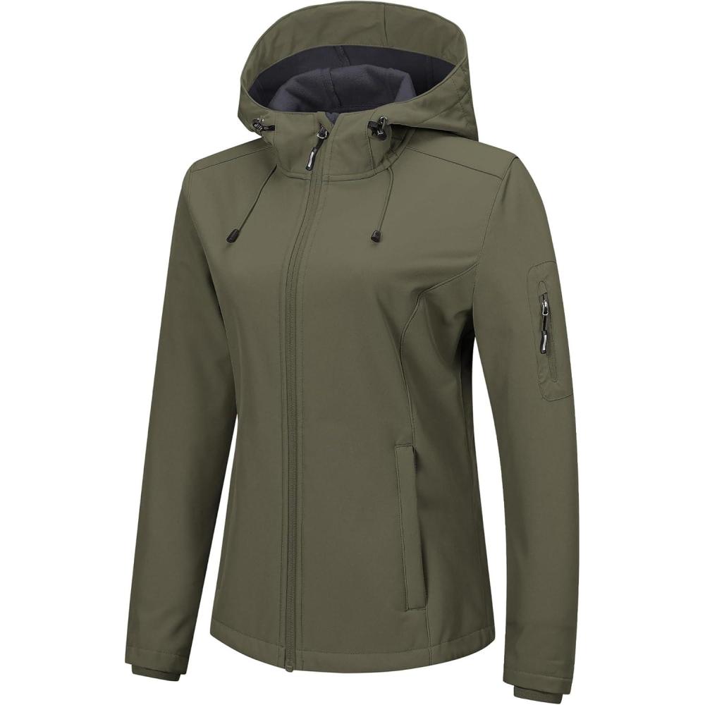 Outdoor Ventures Women’s Softshell Jacket with Hood Fleece Lined Warm Lightweight Waterproof Insulated Windbreaker(Olive Green)