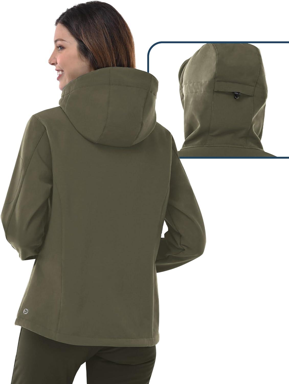 Outdoor Ventures Women’s Softshell Jacket with Hood Fleece Lined Warm Lightweight Waterproof Insulated Windbreaker(Olive Green)