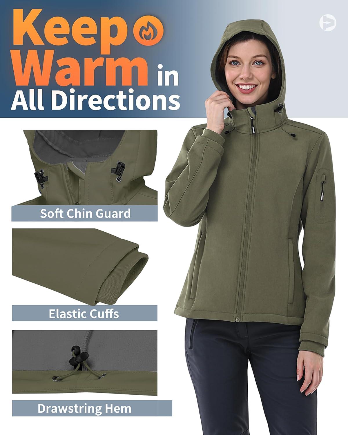 Outdoor Ventures Women’s Softshell Jacket with Hood Fleece Lined Warm Lightweight Waterproof Insulated Windbreaker(Olive Green)