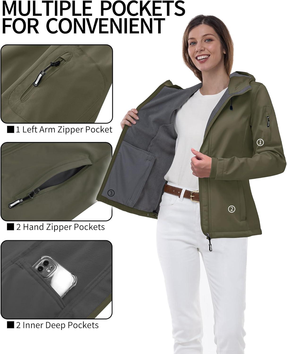 Outdoor Ventures Women’s Softshell Jacket with Hood Fleece Lined Warm Lightweight Waterproof Insulated Windbreaker(Olive Green)
