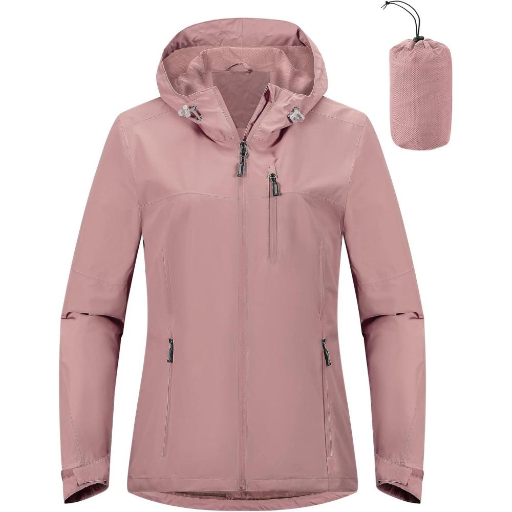 Outdoor Ventures Packable Rain Jacket Women Lightweight Waterproof Raincoat with Hood Cycling Bike Jacket(Dusty Rose)