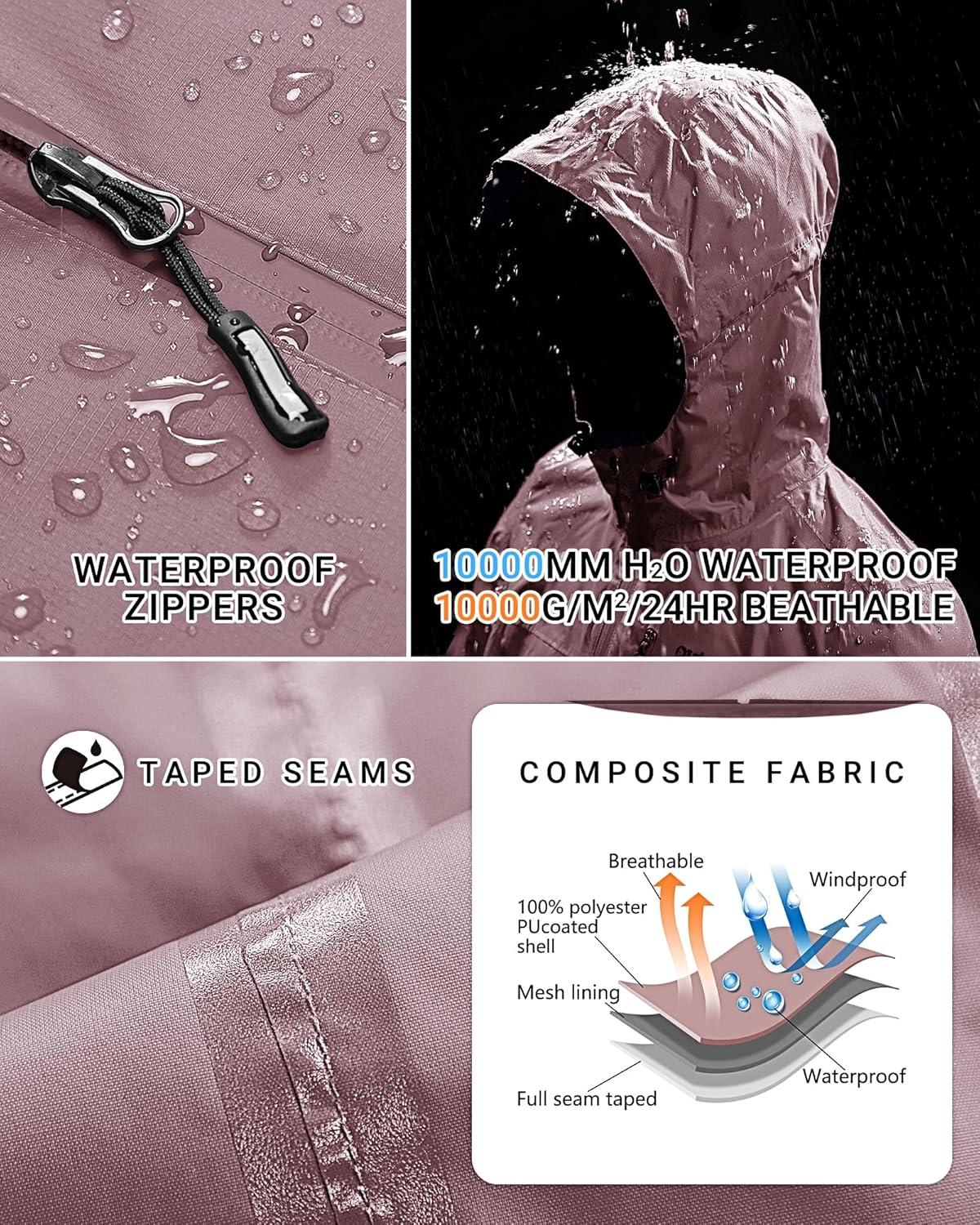 Outdoor Ventures Packable Rain Jacket Women Lightweight Waterproof Raincoat with Hood Cycling Bike Jacket(Dusty Rose)