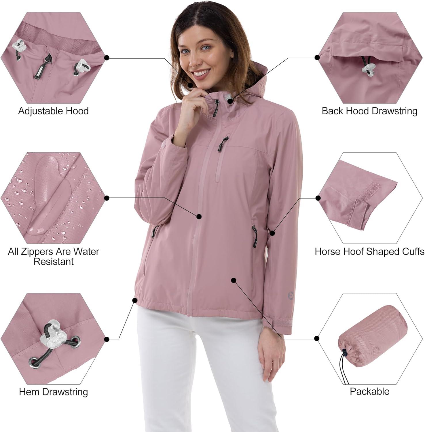 Outdoor Ventures Packable Rain Jacket Women Lightweight Waterproof Raincoat with Hood Cycling Bike Jacket(Dusty Rose)