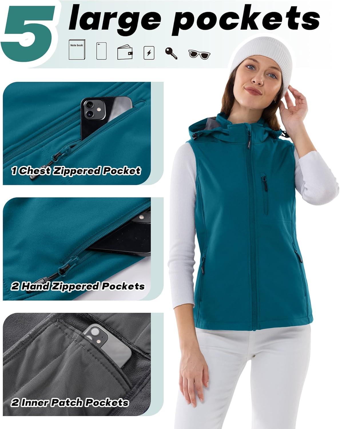 Outdoor Ventures Women’s Hooded Lightweight Softshell Vest, Windproof Fleece Lined Sleeveless Jacket for Golf Running Travel(Modern Blue)