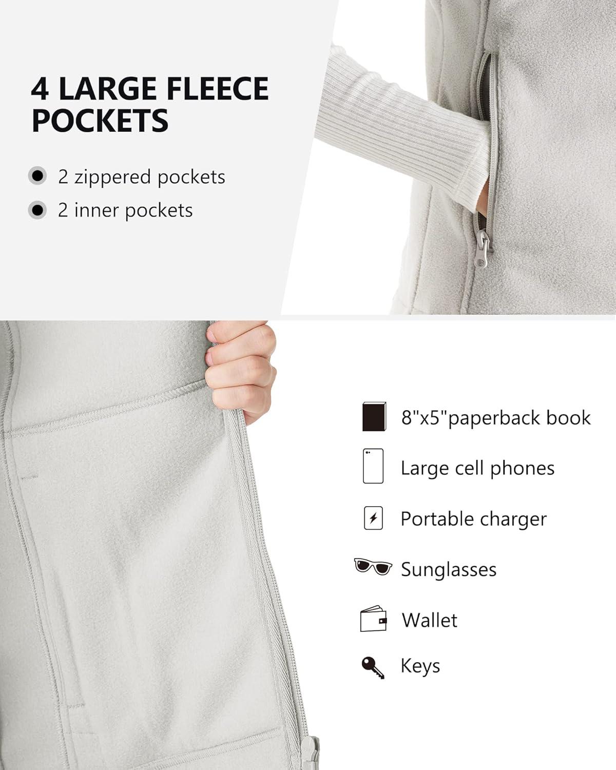 Outdoor Ventures Women’s Polar Fleece Zip Vest Outerwear with Pockets,Warm Sleeveless Coat Vest for Fall & Winter(Light Grey)