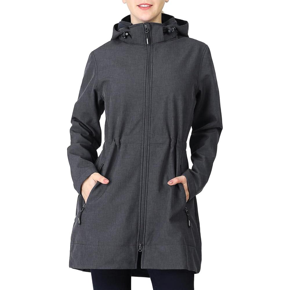 Outdoor Ventures Women’s Softshell Jacket with Removable Hood Fleece Lined Windbreaker Insulated Long Warm Rain Jacket(Dark Grey Heather)