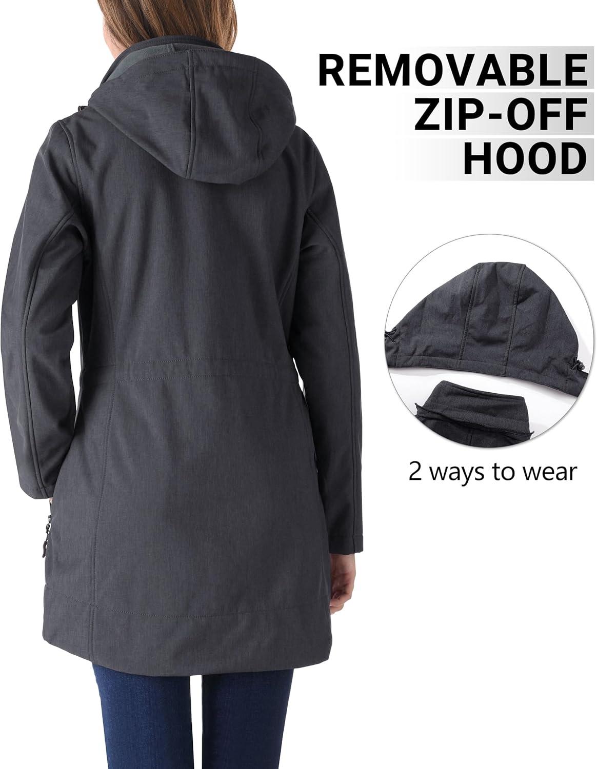 Outdoor Ventures Women’s Softshell Jacket with Removable Hood Fleece Lined Windbreaker Insulated Long Warm Rain Jacket(Dark Grey Heather)