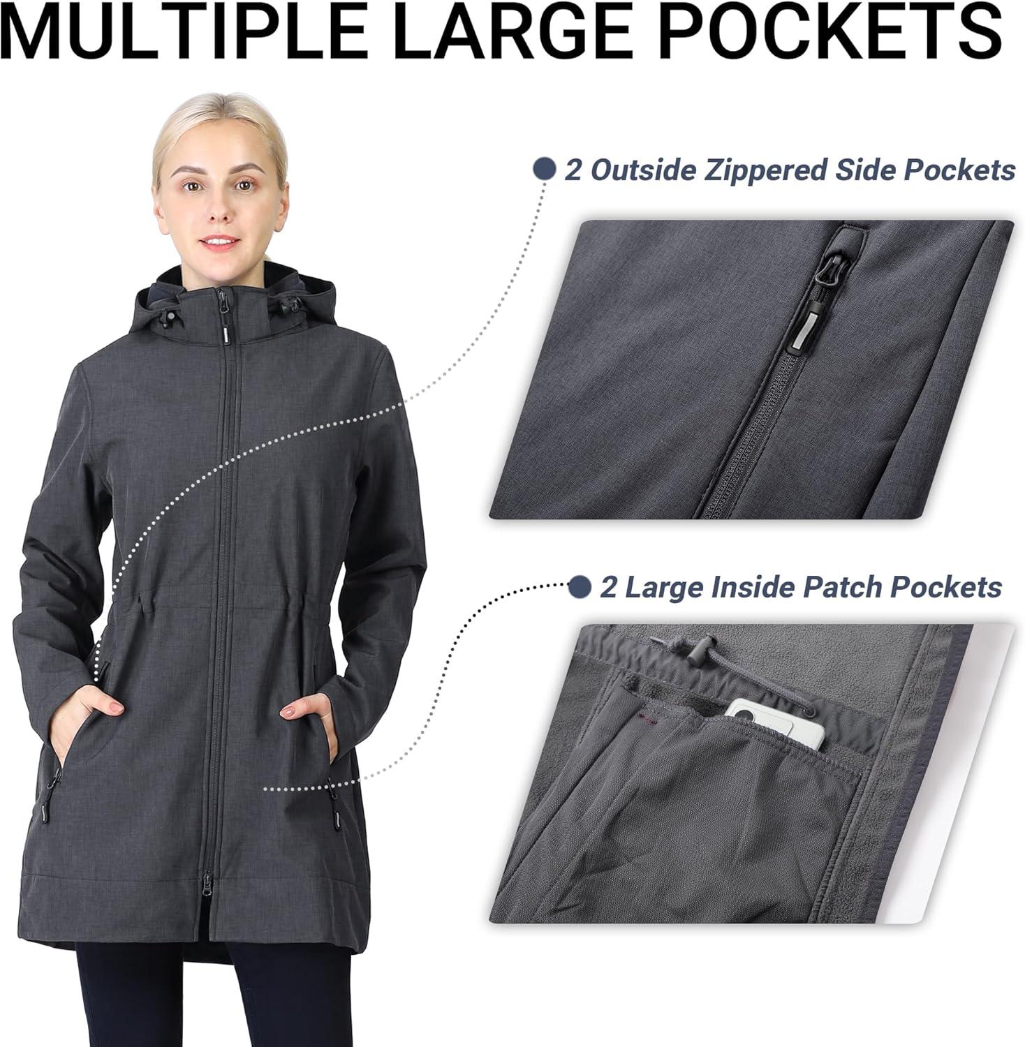 Outdoor Ventures Women’s Softshell Jacket with Removable Hood Fleece Lined Windbreaker Insulated Long Warm Rain Jacket(Dark Grey Heather)
