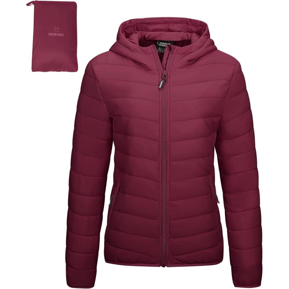 Outdoor Ventures Women’s Packable Lightweight Full-Zip Puffer Jacket with Hood Quilted Winter Coat(Dark Red(fold in Pocket))
