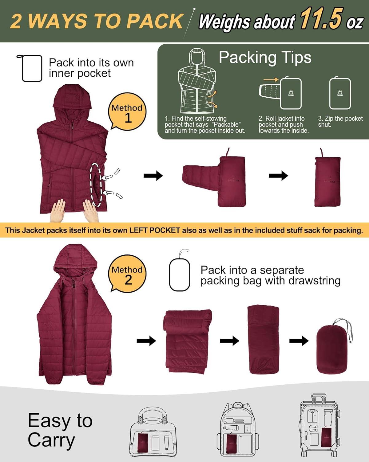 Outdoor Ventures Women’s Packable Lightweight Full-Zip Puffer Jacket with Hood Quilted Winter Coat(Dark Red(fold in Pocket))