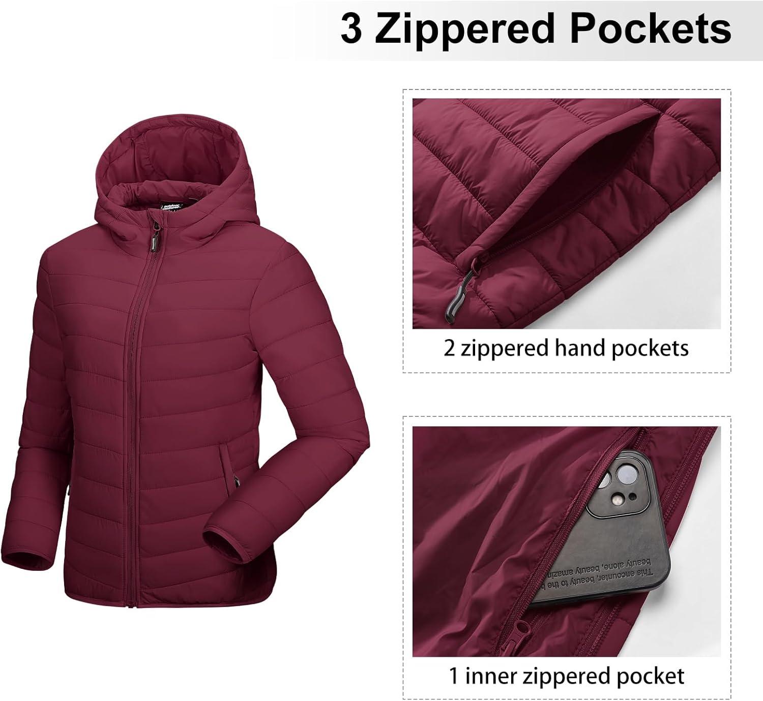 Outdoor Ventures Women’s Packable Lightweight Full-Zip Puffer Jacket with Hood Quilted Winter Coat(Dark Red(fold in Pocket))
