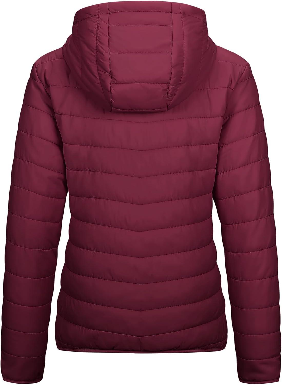 Outdoor Ventures Women’s Packable Lightweight Full-Zip Puffer Jacket with Hood Quilted Winter Coat(Dark Red(fold in Pocket))
