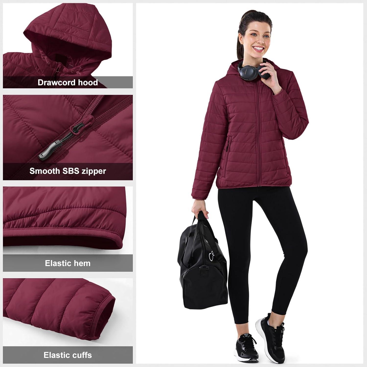 Outdoor Ventures Women’s Packable Lightweight Full-Zip Puffer Jacket with Hood Quilted Winter Coat(Dark Red(fold in Pocket))