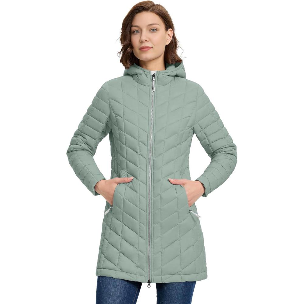 Outdoor Ventures Women’s Maryan Hooded Ultra Lightweight Warm Thermolite Long Puffer Coat(Light Green(matte)-avg.32″ Mid Length)