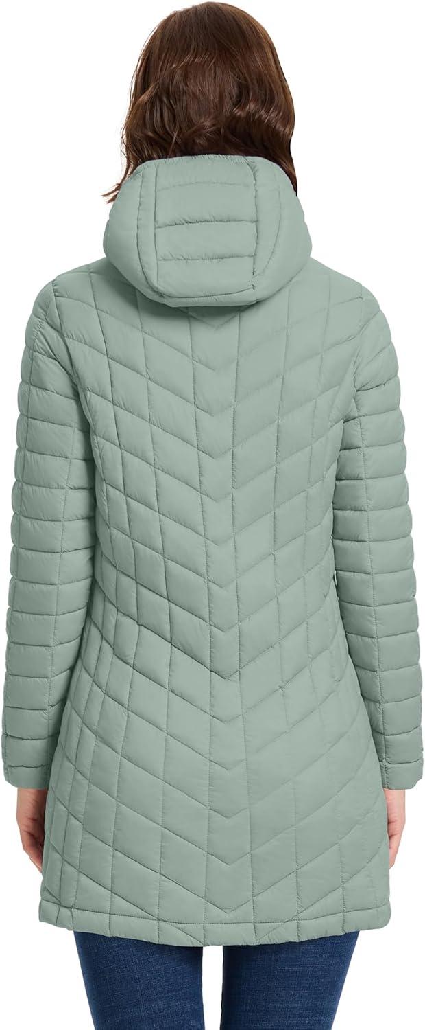 Outdoor Ventures Women’s Maryan Hooded Ultra Lightweight Warm Thermolite Long Puffer Coat(Light Green(matte)-avg.32″ Mid Length)