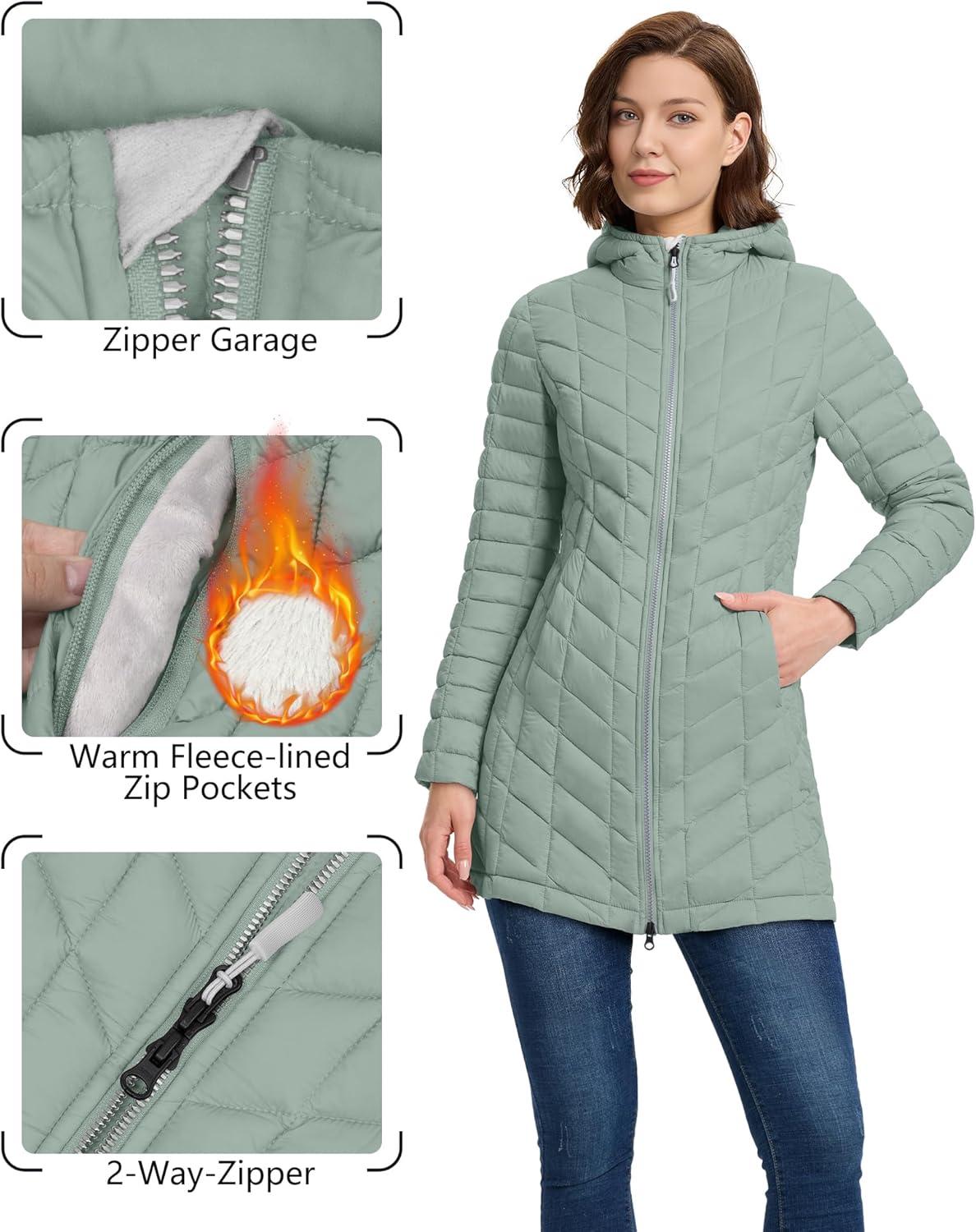 Outdoor Ventures Women’s Maryan Hooded Ultra Lightweight Warm Thermolite Long Puffer Coat(Light Green(matte)-avg.32″ Mid Length)