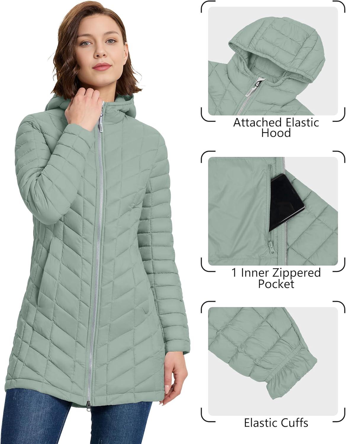 Outdoor Ventures Women’s Maryan Hooded Ultra Lightweight Warm Thermolite Long Puffer Coat(Light Green(matte)-avg.32″ Mid Length)