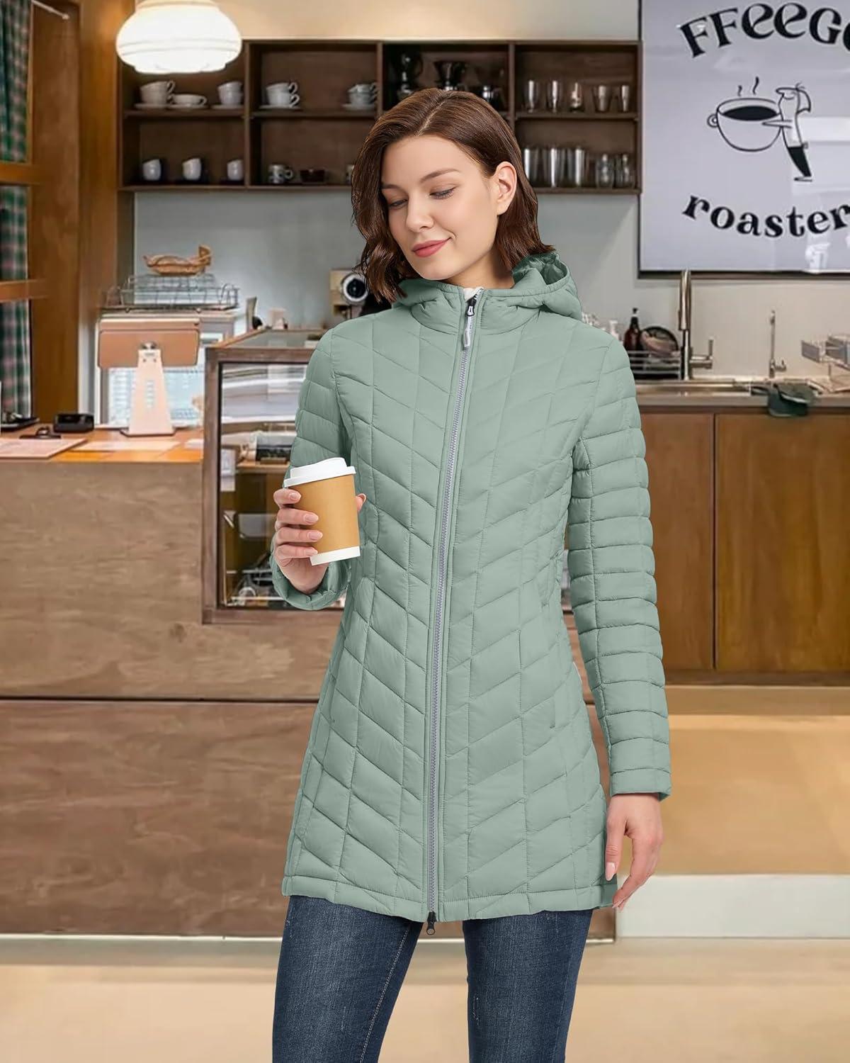 Outdoor Ventures Women’s Maryan Hooded Ultra Lightweight Warm Thermolite Long Puffer Coat(Light Green(matte)-avg.32″ Mid Length)