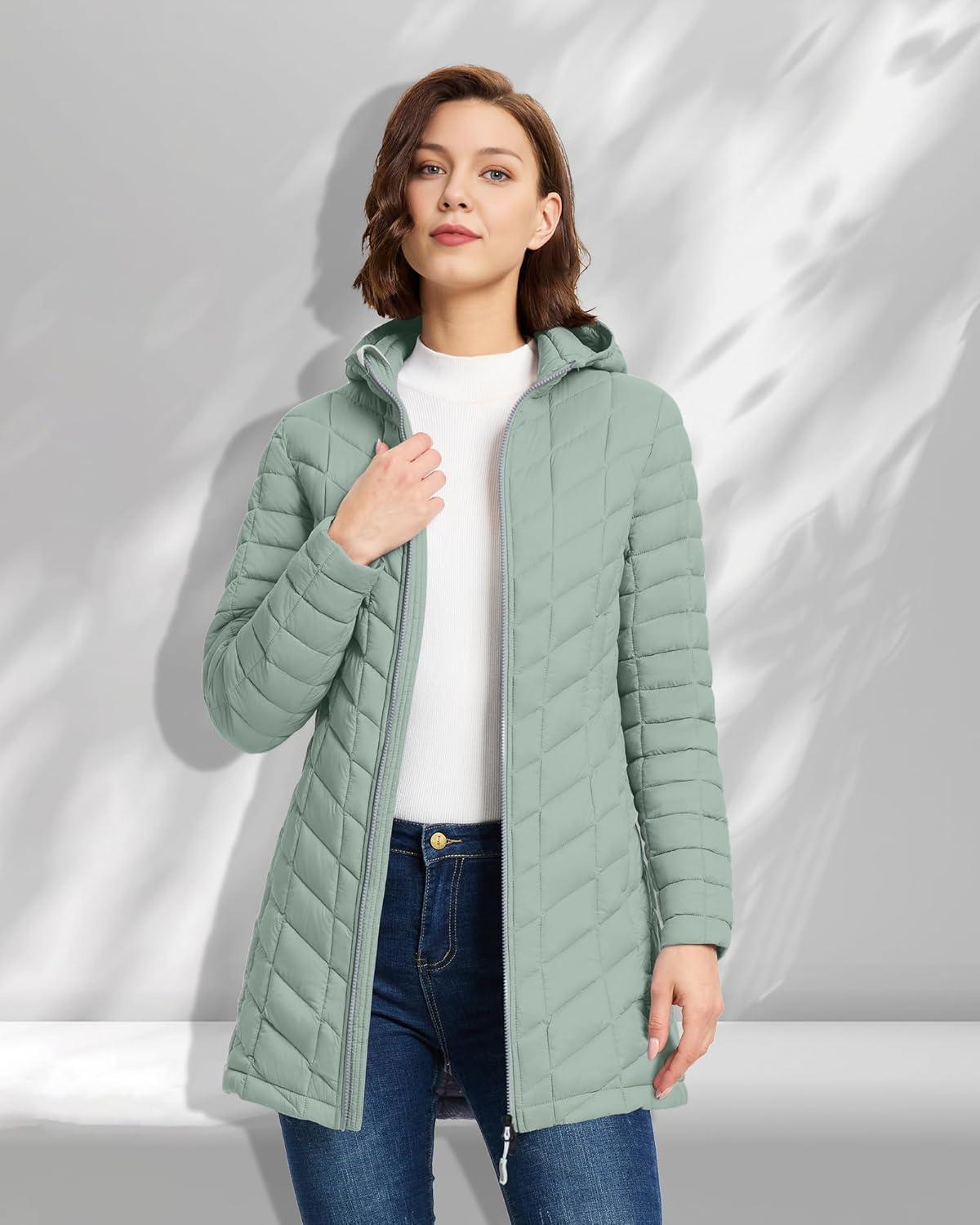 Outdoor Ventures Women’s Maryan Hooded Ultra Lightweight Warm Thermolite Long Puffer Coat(Light Green(matte)-avg.32″ Mid Length)