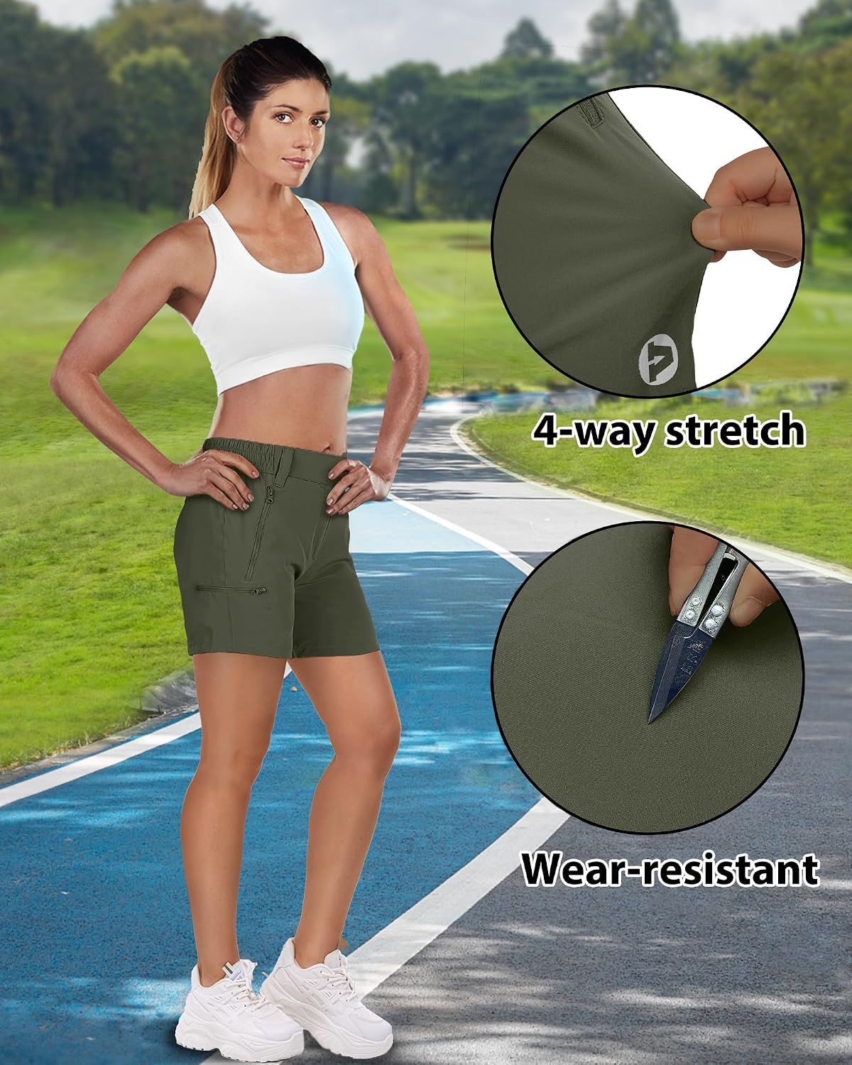 Outdoor Ventures Women’s Hiking Shorts 5 Inch Golf Stretch Quick Dry Cargo(Army Green)