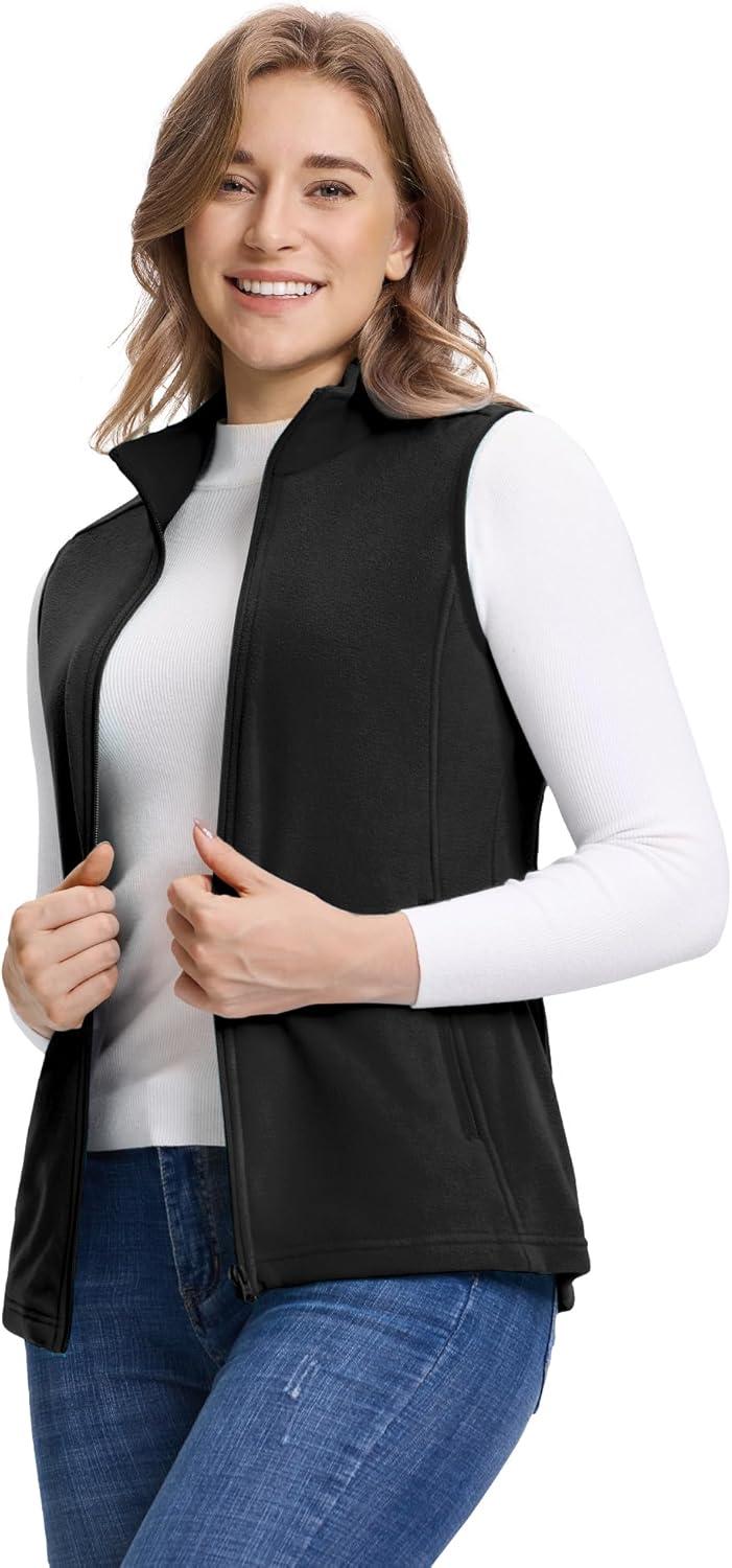 Outdoor Ventures Women’s Fleece Vest, Zip Up Lightweight Soft Running Vest Outerwear Sleeveless with Pockets(Black)
