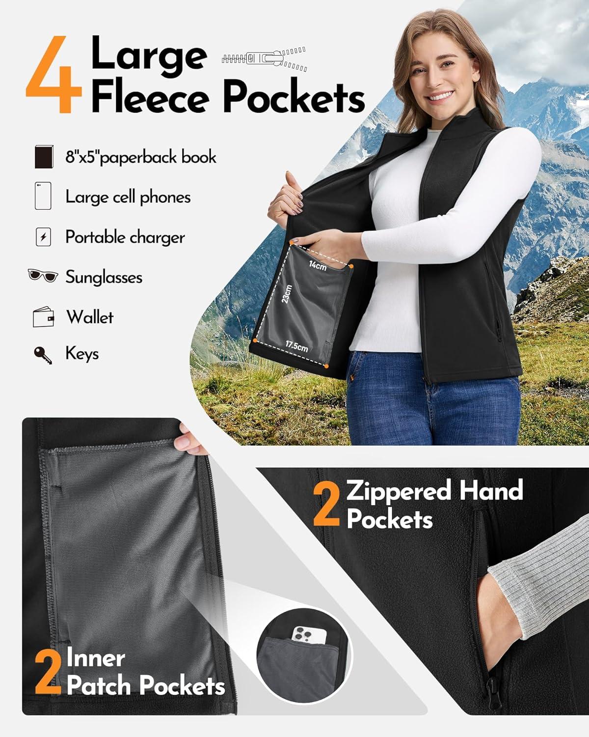 Outdoor Ventures Women’s Fleece Vest, Zip Up Lightweight Soft Running Vest Outerwear Sleeveless with Pockets(Black)