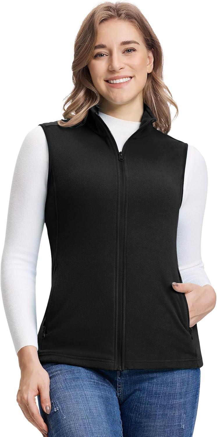 Outdoor Ventures Women’s Fleece Vest, Zip Up Lightweight Soft Running Vest Outerwear Sleeveless with Pockets(Black)