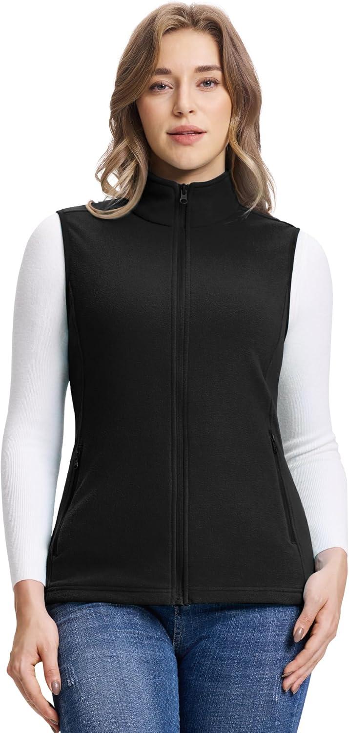 Outdoor Ventures Women’s Fleece Vest, Zip Up Lightweight Soft Running Vest Outerwear Sleeveless with Pockets(Black)