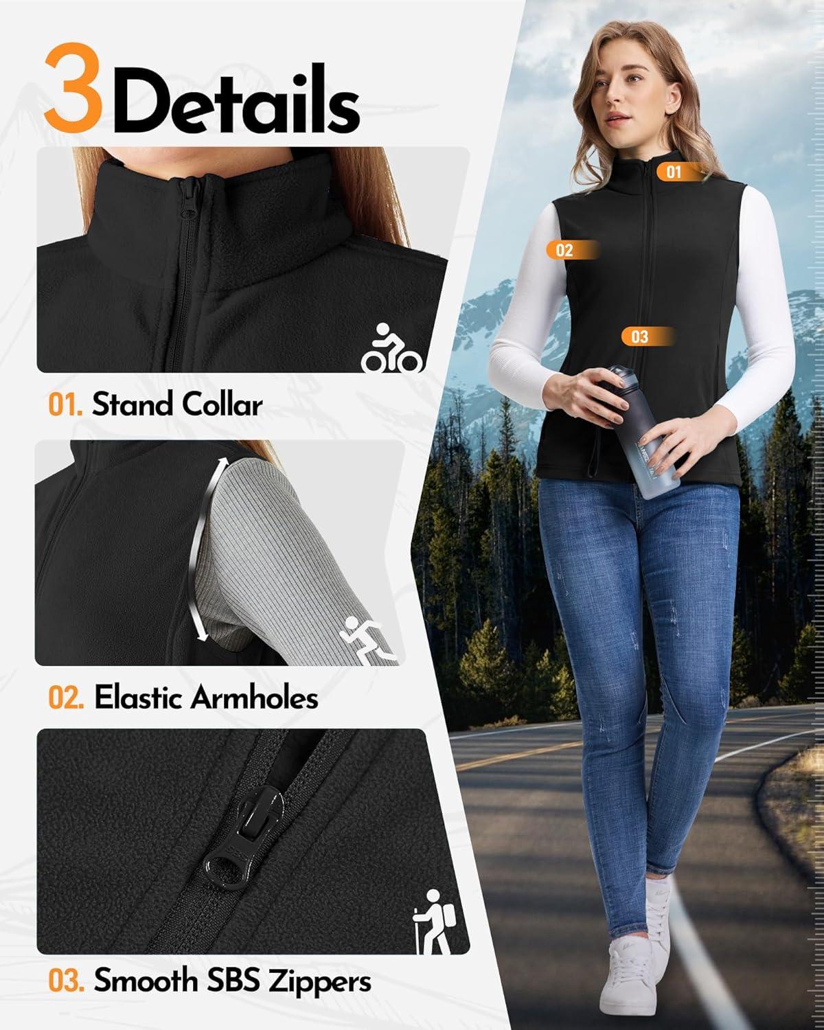 Outdoor Ventures Women’s Fleece Vest, Zip Up Lightweight Soft Running Vest Outerwear Sleeveless with Pockets(Black)