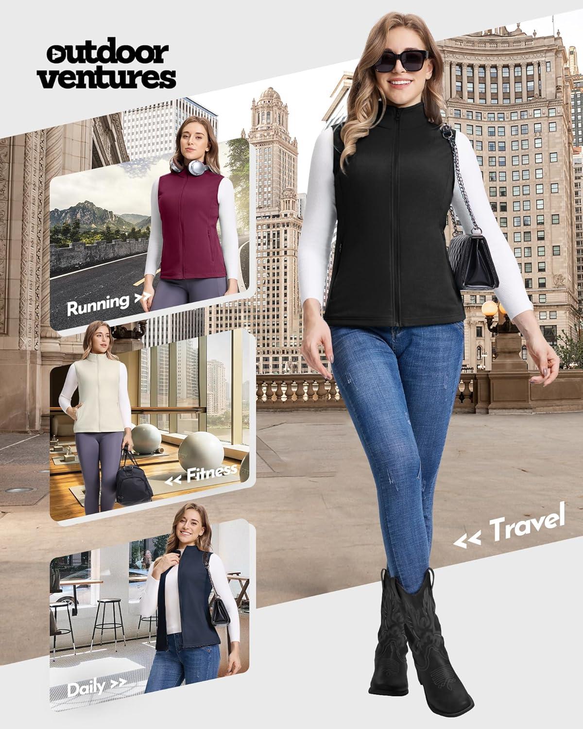 Outdoor Ventures Women’s Fleece Vest, Zip Up Lightweight Soft Running Vest Outerwear Sleeveless with Pockets(Black)