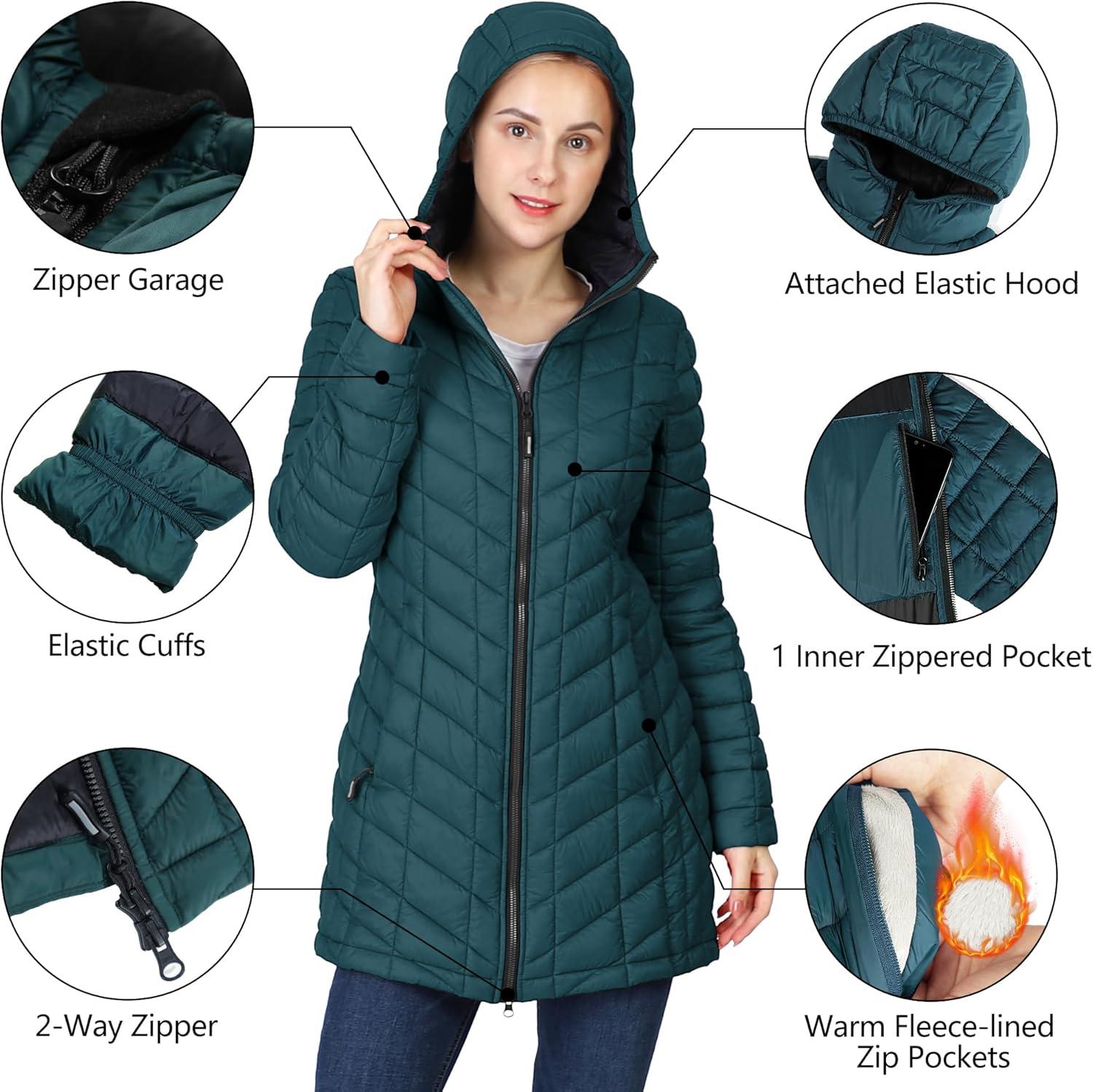 Outdoor Ventures Women’s Maryan Hooded Ultra Lightweight Warm Thermolite Long Puffer Coat(Teal(matte)-avg.32″ Mid Length)