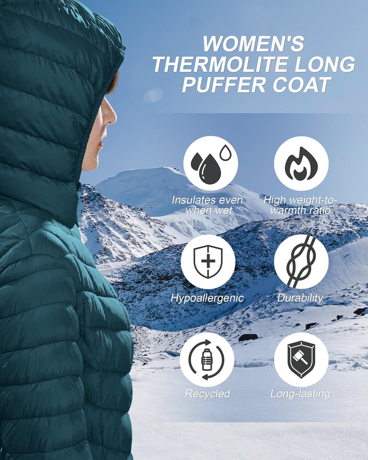 Outdoor Ventures Women’s Maryan Hooded Ultra Lightweight Warm Thermolite Long Puffer Coat(Teal(matte)-avg.32″ Mid Length)