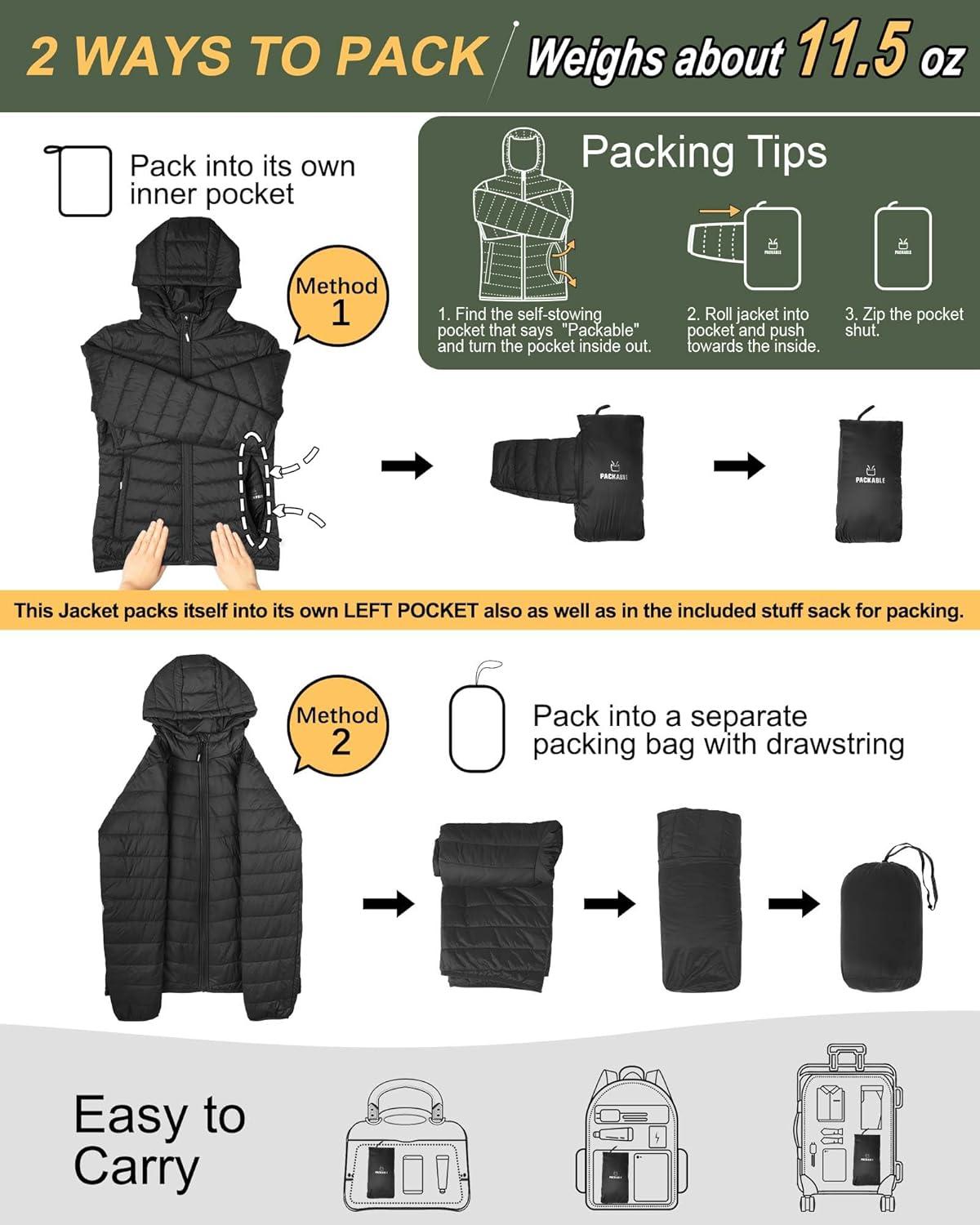Outdoor Ventures Women’s Packable Lightweight Full-Zip Puffer Jacket with Hood Quilted Winter Coat(Black New(fold in Pocket))