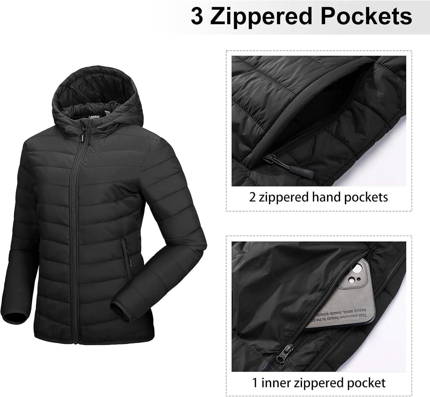 Outdoor Ventures Women’s Packable Lightweight Full-Zip Puffer Jacket with Hood Quilted Winter Coat(Black New(fold in Pocket))