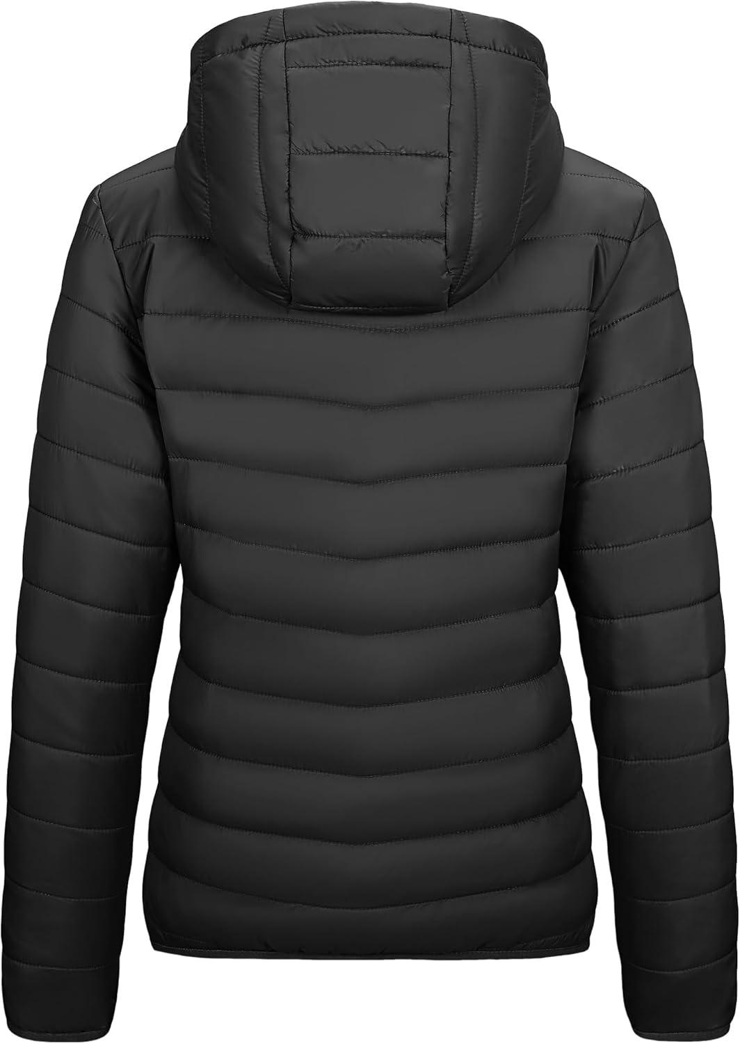 Outdoor Ventures Women’s Packable Lightweight Full-Zip Puffer Jacket with Hood Quilted Winter Coat(Black New(fold in Pocket))
