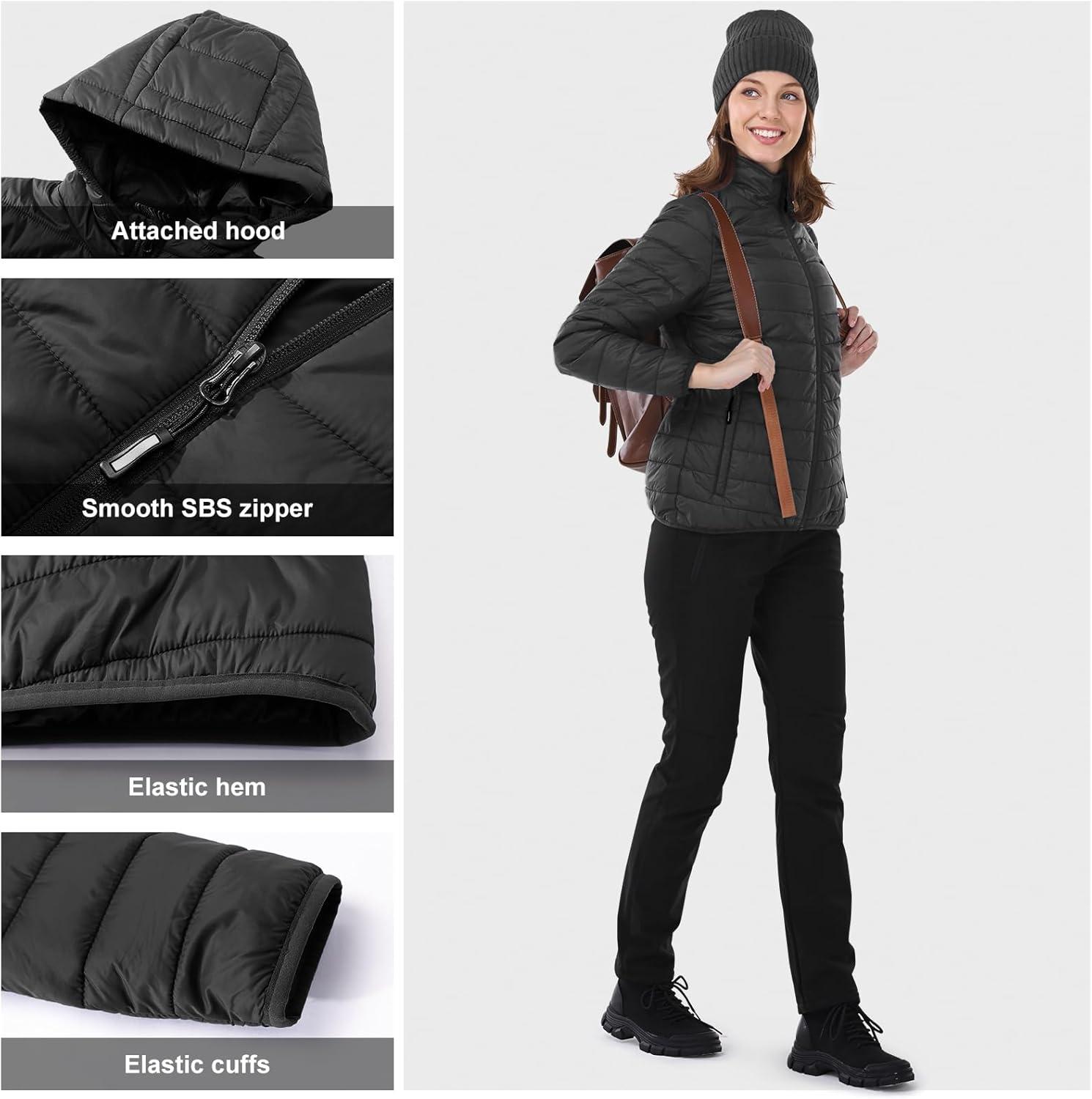 Outdoor Ventures Women’s Packable Lightweight Full-Zip Puffer Jacket with Hood Quilted Winter Coat(Black New(fold in Pocket))