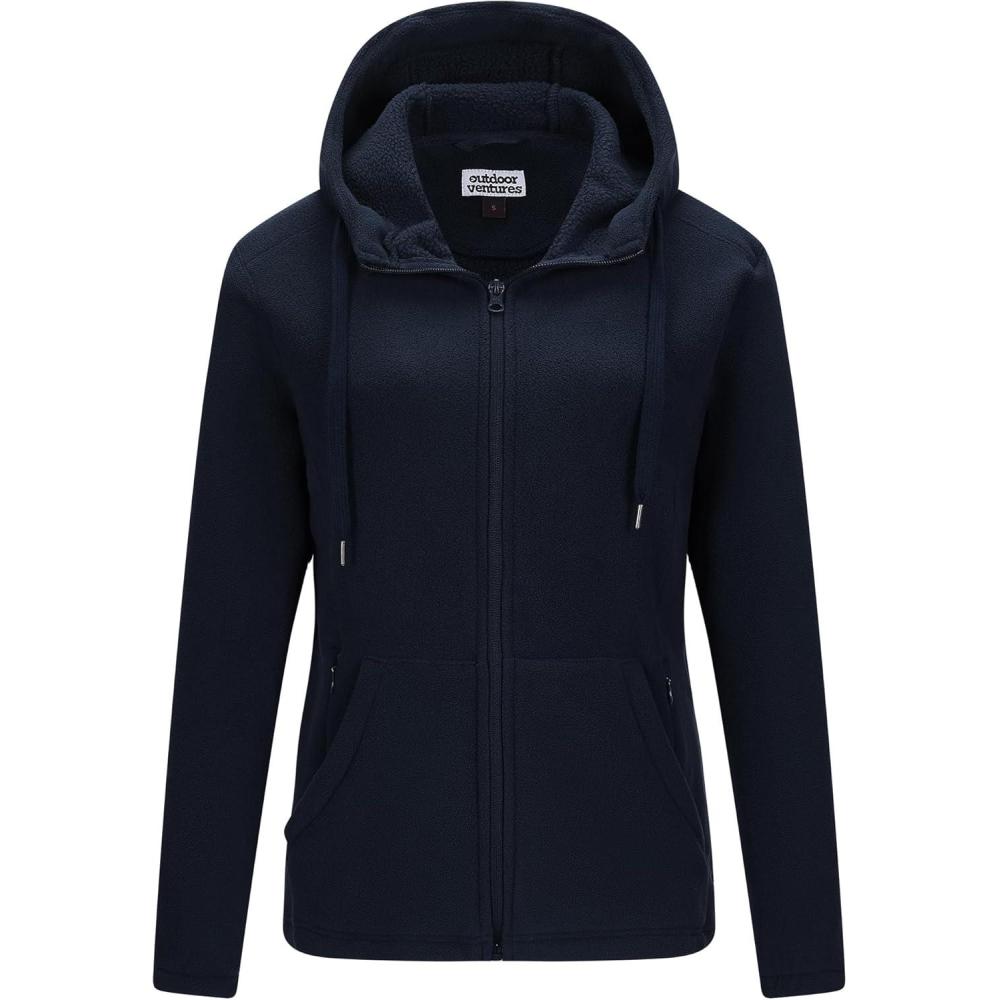 Outdoor Ventures Women’s Full Zip Hooded Fleece Jacket Coat with 6 Pockets, Warm Soft Polar Fleece Casual Hoodie Sweatshirt(Dark Blue)