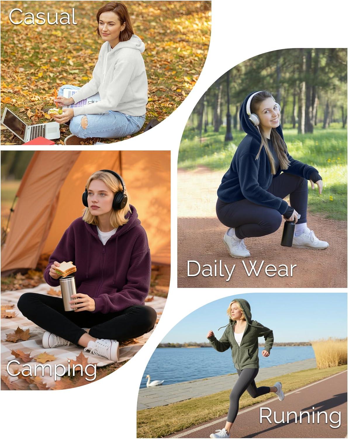 Outdoor Ventures Women’s Full Zip Hooded Fleece Jacket Coat with 6 Pockets, Warm Soft Polar Fleece Casual Hoodie Sweatshirt(Dark Blue)