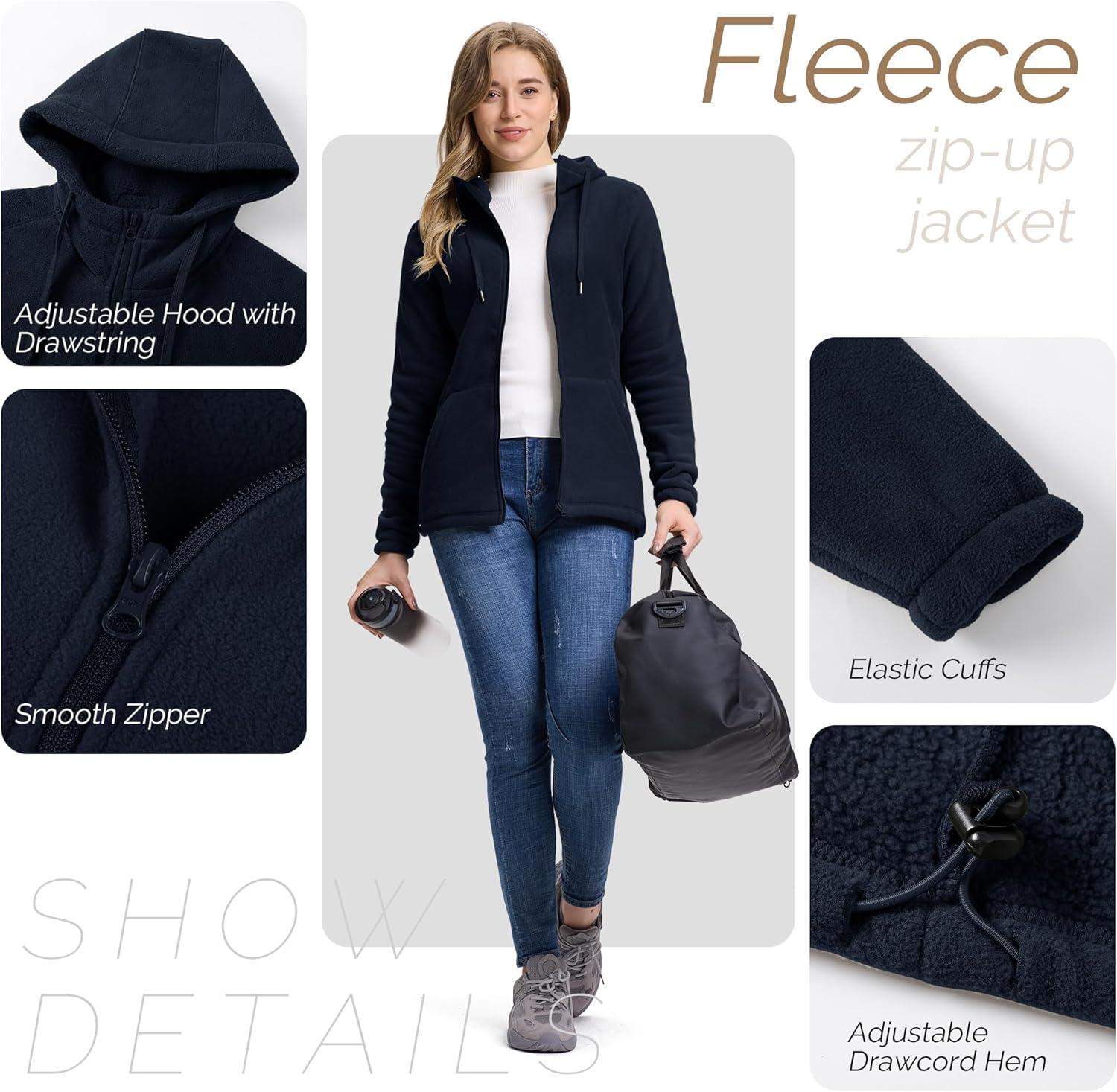 Outdoor Ventures Women’s Full Zip Hooded Fleece Jacket Coat with 6 Pockets, Warm Soft Polar Fleece Casual Hoodie Sweatshirt(Dark Blue)