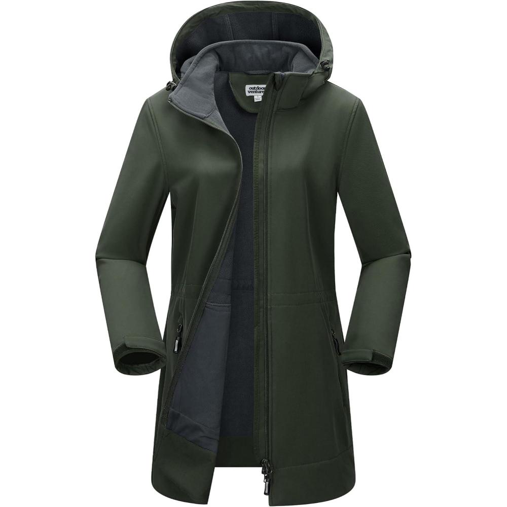Outdoor Ventures Women’s Softshell Jacket with Removable Hood Fleece Lined Windbreaker Insulated Long Warm Rain Jacket(Dark Army Green)